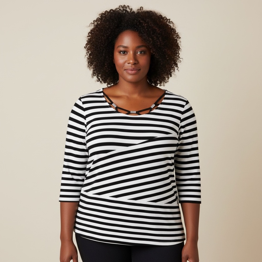 Alfred Dunner Black and White Striped 3/4 Sleeve Top Size 1X